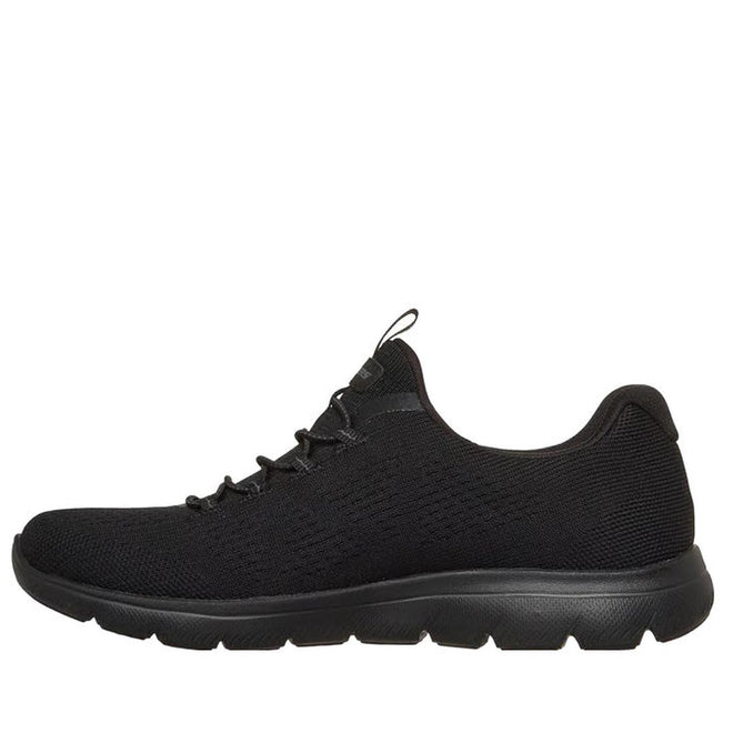 The Skechers Womens Summits Bungee Slip On Trainer - Radiant Flow Black is a black athletic sneaker with a mesh upper, bungee laces, thick textured rubber sole, and memory foam insole for comfort. Shown in side profile on a white background., 50202, 50203, 199025281751, 50205, 199025281775, 50207, 199025281799, 50209, 199025281812, 50211