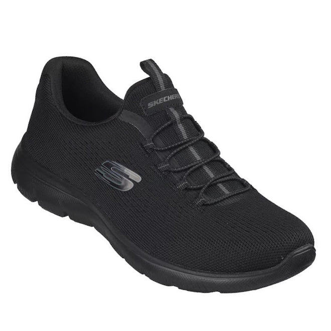 The Skechers Womens Summits Bungee Slip On Trainer - Radiant Flow Black features a mesh upper, slip-on design with elastic laces, cushioned memory foam insole, and visible Skechers logo on the side and tongue.