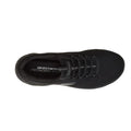 Top view of a black Skechers Womens Summits Bungee Slip On Trainer - Radiant Flow, featuring a vegan design and Skechers Memory Foam insole for all-day comfort., 50202, 50203, 199025281751, 50205, 199025281775, 50207, 199025281799, 50209, 199025281812, 50211