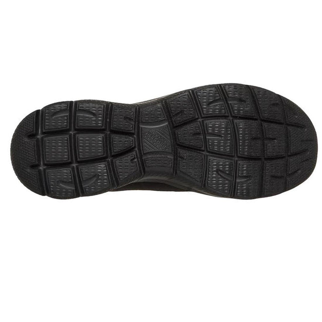 Bottom view of the Skechers Womens Summits Bungee Slip On Trainer - Radiant Flow Black shows a durable black rubber sole with a textured, grid-like tread and rectangular segments, enhancing traction and flexibility against a white background., 50202, 50203, 199025281751, 50205, 199025281775, 50207, 199025281799, 50209, 199025281812, 50211