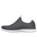 The Skechers Womens Summits Bungee Slip On Trainer - Radiant Flow Charcoal Pink is a gray athletic sneaker with an engineered knit upper, light pink inner lining and accents, plus a thick white grooved sole, shown in left-side profile view., 50192, 50193, 199025153492, 50195, 199025153515, 50197, 199025153539, 50199, 199025153553, 50201