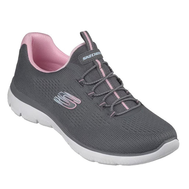 The Skechers Womens Summits Bungee Slip On Trainer - Radiant Flow Charcoal Pink features a gray engineered knit upper, white sole, pink interior lining, and pink accents on the tongue and laces, with Skechers logos on the side and tongue.