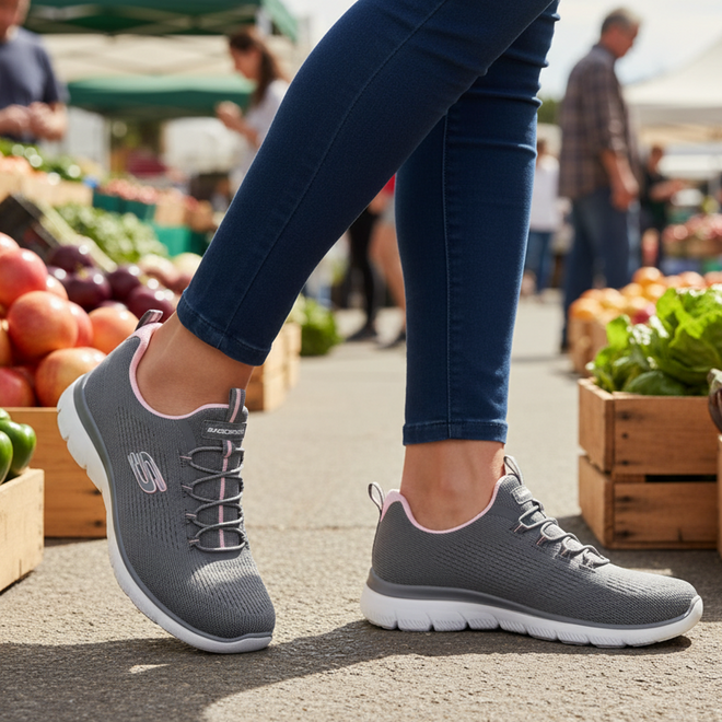 A woman wearing Skechers Womens Summits Bungee Slip On Trainer - Radiant Flow Charcoal Pink and blue jeans walks through an outdoor market, surrounded by fresh produce like apples and leafy greens in wooden crates., 50192, 50193, 199025153492, 50195, 199025153515, 50197, 199025153539, 50199, 199025153553, 50201