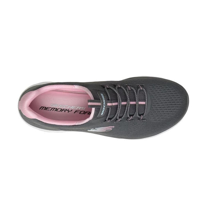 Top view of a Skechers Womens Summits Bungee Slip On Trainer - Radiant Flow in Charcoal Pink, featuring an engineered knit upper, pink accents, white sole, elastic laces, pink lining, and Memory Foam insole., 50192, 50193, 199025153492, 50195, 199025153515, 50197, 199025153539, 50199, 199025153553, 50201