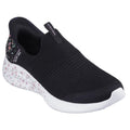The Skechers Ultra Flex 3.0 Bloom On SLIP INS Black Floral features mesh fabric, Air-Cooled Memory Foam, a white sole with a pink floral pattern, and a small floral design near the heel.