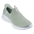The Skechers Ultra Flex 3.0 Slip In Cozy Streak in sage green features a textured knit upper, white cushioned sole, Hands Free Slip-ins for easy wear, and convenient tongue and heel tabs for comfort.