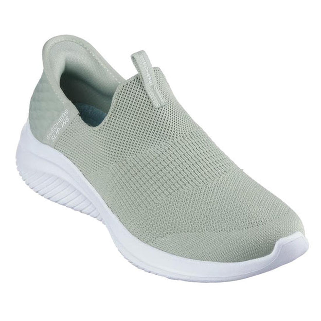 The Skechers Ultra Flex 3.0 Slip In Cozy Streak in sage green features a textured knit upper, white cushioned sole, Hands Free Slip-ins for easy wear, and convenient tongue and heel tabs for comfort.