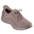 The Skechers Ultra Flex 3.0 Pure Color SLIP-INS in Dark Taupe features a textured knit upper, easy slip-on design, Air-Cooled Memory Foam insole, and a thick wavy rubber sole for modern minimalist style and comfort.