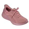 The Skechers Ultra Flex 3.0 Pure Color SLIP INS in Mauve is a pink athletic sneaker with a textured knit upper, slip-on design, ribbed sole, and Air-Cooled Memory Foam, shown at an angle against a white background.