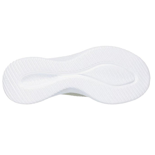 The image shows the bottom view of a Skechers Ultra Flex 3.0 Slip In Cozy Streak Sage Green sneaker with a wavy, textured sole for traction, featuring Hands Free Slip-ins and Air-Cooled Memory Foam for comfort and convenience., 49613, 49614, 198739894141, 49616, 198739894165, 49618, 198739894189, 49620, 198739894202, 49622