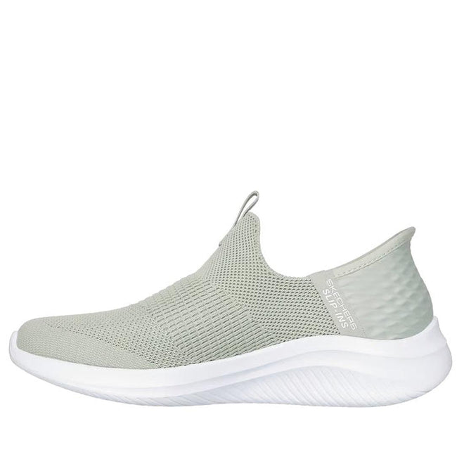 A sage green Skechers Ultra Flex 3.0 Slip-In Cozy Streak athletic shoe with mesh upper, Stretch Fit design, textured heel, and thick white curved sole. Shown from the side, facing left., 49613, 49614, 198739894141, 49616, 198739894165, 49618, 198739894189, 49620, 198739894202, 49622