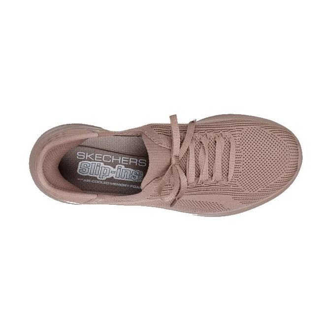 Top view of a dark taupe Skechers Ultra Flex 3.0 Pure Color Slip-Ins athletic shoe with laces, featuring a textured Stretch Fit knit upper and an Air-Cooled Memory Foam cushioned insole., 198739892390, 49701, 198739892413, 49703, 198739892437, 49705, 198739892451, 49707, 198739892475, 198739892482