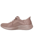The Skechers Ultra Flex 3.0 Pure Color SLIP INS in Dark Taupe features a light brown knit upper, lace-up front, textured sole, Hands Free Slip-ins branding on the heel, and Air-Cooled Memory Foam. Shown from a left side profile on a white background., 198739892390, 49701, 198739892413, 49703, 198739892437, 49705, 198739892451, 49707, 198739892475, 198739892482