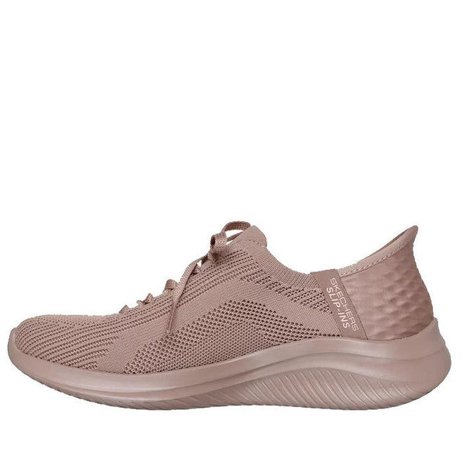The Skechers Ultra Flex 3.0 Pure Color SLIP INS in Dark Taupe features a light brown knit upper, lace-up front, textured sole, Hands Free Slip-ins branding on the heel, and Air-Cooled Memory Foam. Shown from a left side profile on a white background., 198739892390, 49701, 198739892413, 49703, 198739892437, 49705, 198739892451, 49707, 198739892475, 198739892482
