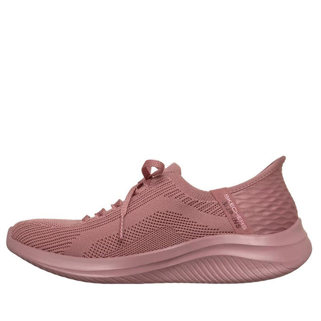 The Skechers Ultra Flex 3.0 Pure Color SLIP-INS in mauve features a single pink mesh sneaker with a textured sole, Stretch Fit design, slip-ins style, and Skechers branding, displayed in side profile on a white background., 49623, 49624, 198739892550, 49626, 198739892574, 49628, 198739892598, 49630, 198739892611, 49632
