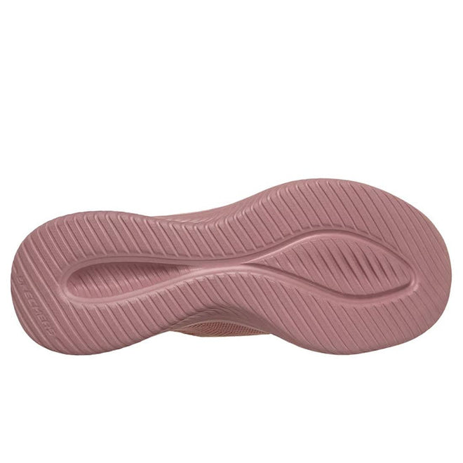 The image shows the sole of the Skechers Ultra Flex 3.0 Pure Color SLIP INS Mauve, featuring a pink wavy textured tread for grip and flexibility, plus Air-Cooled Memory Foam for enhanced comfort., 49623, 49624, 198739892550, 49626, 198739892574, 49628, 198739892598, 49630, 198739892611, 49632