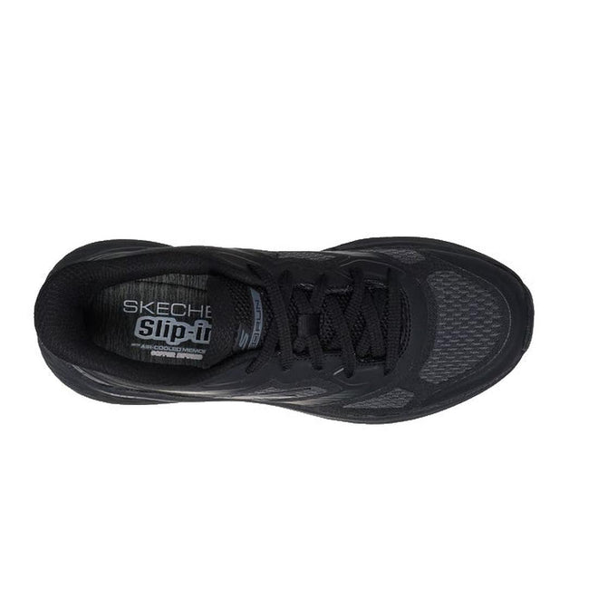 Top view of a black Skechers Slip In Max Cushioning Elite 2.0 Leigh Trainer, featuring laces, mesh upper, Air-Cooled Memory Foam, and a Slip-ins brand label on the insole., 199025421058, 50106, 199025421072, 50108, 199025421096