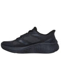 The Skechers Slip In Max Cushioning Elite 2.0 Leigh Black Trainer is a black athletic running shoe with a mesh upper, lace-up closure, thick textured sole, and Air-Cooled Memory Foam, shown side view on a white background., 199025421058, 50106, 199025421072, 50108, 199025421096