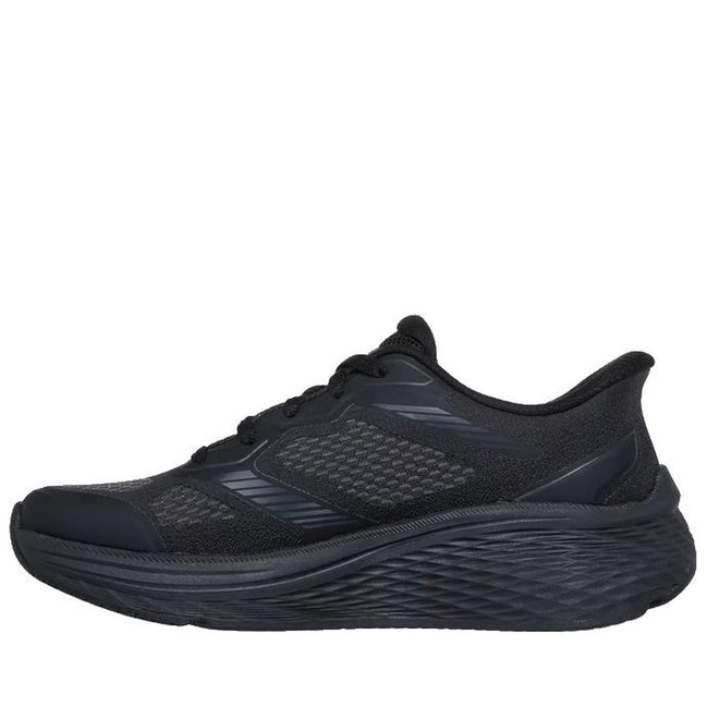 The Skechers Slip In Max Cushioning Elite 2.0 Leigh Black Trainer is a black athletic running shoe with a mesh upper, lace-up closure, thick textured sole, and Air-Cooled Memory Foam, shown side view on a white background., 199025421058, 50106, 199025421072, 50108, 199025421096