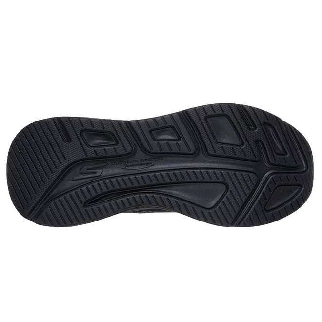 The image shows the black rubber sole of the Skechers Slip In Max Cushioning Elite 2.0 Leigh Trainer with textured grip, grooves, and an embossed Skechers logo—designed for comfort with Air-Cooled Memory Foam technology., 199025421058, 50106, 199025421072, 50108, 199025421096
