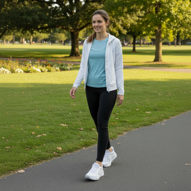 A woman in athletic wear walks on a sunny park path, surrounded by greenery and flowers, enjoying the comfort of her Skechers Slip In Max Cushioning Elite 2.0 Leigh White Trainers., 199025355940, 50114, 199025355964, 50116, 199025355988