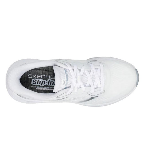 Top view of a white Skechers Slip In Max Cushioning Elite 2.0 Leigh Trainer with white laces, gray insole featuring Skechers Slip-Ins branding, and Air-Cooled Memory Foam for all-day comfort., 199025355940, 50114, 199025355964, 50116, 199025355988