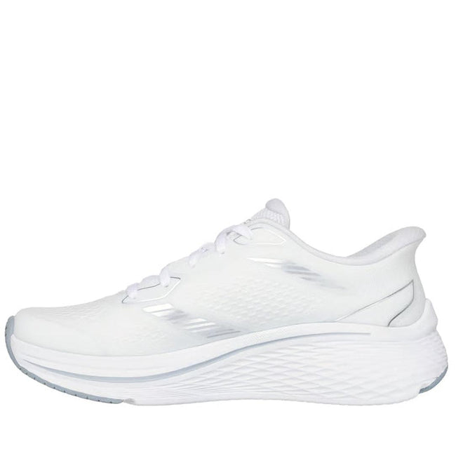 The Skechers Slip In Max Cushioning Elite 2.0 Leigh White Trainer features a mesh upper, textured sole, and white laces, shown in side profile against a plain background. Includes Air-Cooled Memory Foam and Max Cushioning Elite technology for comfort and support., 199025355940, 50114, 199025355964, 50116, 199025355988