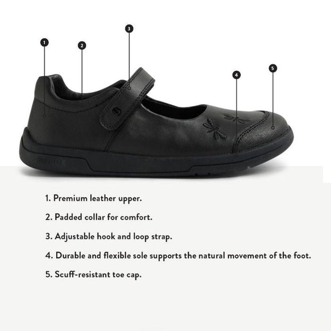 The Bobux Kid+ Skipper Black School Leather Mary Jane Shoe features a premium leather upper, padded collar, adjustable hook-and-loop strap, durable flexible sole, and a scuff-resistant toe cap. Features are listed beneath the shoe., 9420074842572, 9420074842589, 9420074842596, 9420074842602, 9420074842619, 9420074842626, 9420074842633