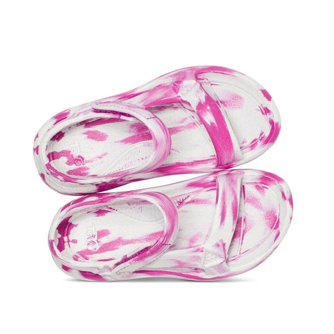Two Teva Kids K Hurricane C Drift Huemix sandals in Pink Violet Swirl tie-dye, made from recycled EVA. These lightweight, open-toe water sandals feature adjustable ankle straps and are shown from above, overlapping one another., 196565118486, 196565118493, 196565118509, 196565118516, 196565118523, 196565118608, 196565118578, 196565118585, 196565118592
