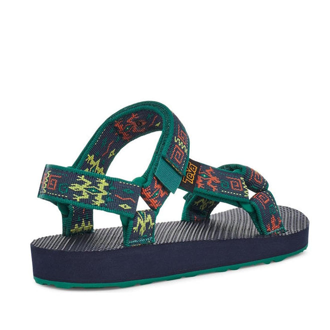 The Teva Kids K Original Universal C Gecko Navy Green is a sporty sandal with colorful geometric green, red, and yellow straps, an adjustable hook-and-loop closure, and a thick navy blue sole with a textured footbed., 196565105097, 196565105035, 196565105042, 196565105059, 196565105066, 196565104960, 196565104977, 196565104984, 31473
