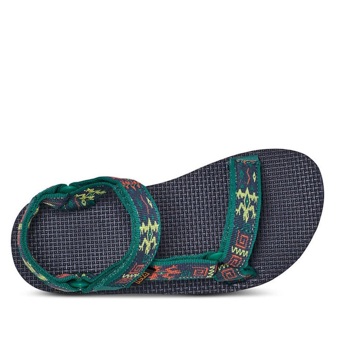 The Teva Kids K Original Universal C Gecko Navy Green sandal features green webbing with colorful geometric patterns, a textured dark sole, and an adjustable hook-and-loop closure. Shown from a top-down view., 196565105097, 196565105035, 196565105042, 196565105059, 196565105066, 196565104960, 196565104977, 196565104984, 31473