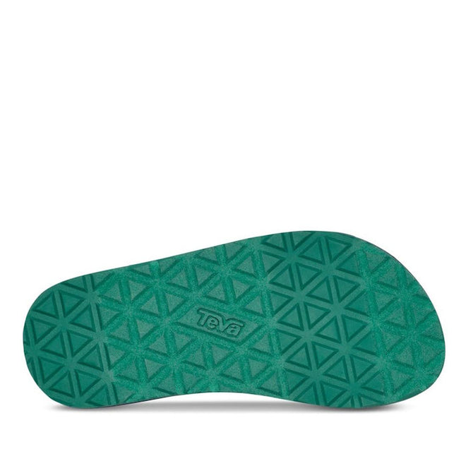 The Teva Kids K Original Universal C Gecko Navy Green sandal features a green, recycled plastic sole with a textured triangular tread pattern and "Teva" embossed in the center, shown from the bottom against a white background. Ideal as a kids water sandal., 196565105097, 196565105035, 196565105042, 196565105059, 196565105066, 196565104960, 196565104977, 196565104984, 31473