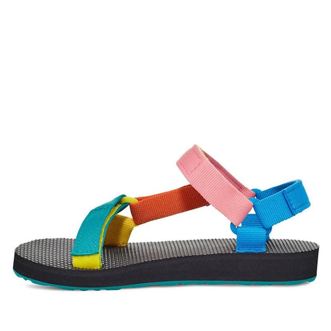 The Teva Kids - K Original Universal C 90s Sandal Multi features a black sole, textured footbed, and quick-dry adjustable straps in teal, yellow, orange, pink, and blue. Shown from the side on a white background., 194715572362, 194715572379, 194715572386, 194715572287, 194715572294, 194715572300