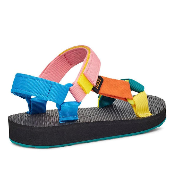 The Teva Kids - K Original Universal C 90s Sandal Multi is a vibrant water sandal with quick-dry adjustable webbing straps in blue, pink, yellow, and orange, plus a thick black sole and textured gray footbed., 194715572362, 194715572379, 194715572386, 194715572287, 194715572294, 194715572300