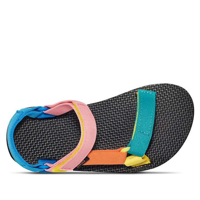 The Teva Kids K Original Universal C 90s Sandal Multi features a textured black sole and quick-dry webbing made from recycled plastic, with geometric straps in pink, blue, yellow, teal, and orange. Shown from above on a white background., 194715572362, 194715572379, 194715572386, 194715572287, 194715572294, 194715572300