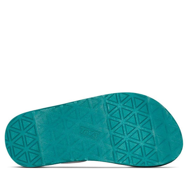 The Teva Kids K Original Universal C 90s Sandal Multi features a teal rubber sole with a geometric triangular pattern, the Teva logo in the center, and quick-dry webbing made from recycled plastic., 194715572362, 194715572379, 194715572386, 194715572287, 194715572294, 194715572300