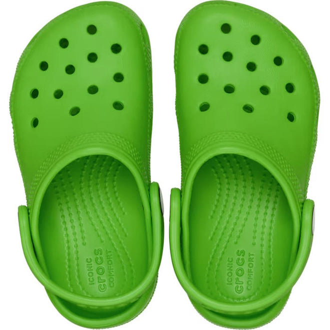 The Crocs Kids Toddlers Classic Clog in Bright Green, shown from above, are water-friendly toddler shoes with ventilation holes and adjustable heel straps., 49816, 49817, 49818, 49819, 49820, 49821