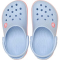 The Crocs Kids Toddlers Crocband Clogs in Blue Frost/Guava feature perforated tops, pink racing stripe soles, adjustable back straps, and side logos—ideal for all-day comfort., 49786, 49782, 49783, 49784, 49785