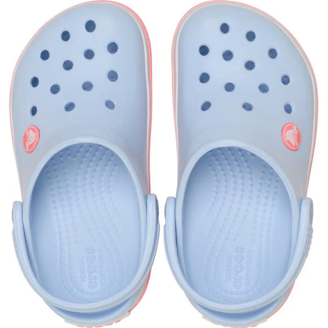 The Crocs Kids Toddlers Crocband Clogs in Blue Frost/Guava feature perforated tops, pink racing stripe soles, adjustable back straps, and side logos—ideal for all-day comfort., 49786, 49782, 49783, 49784, 49785