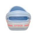 A rear view of Crocs Kids - Crocband Classic Clog Frost Blue Guava Youths, made from Croslite, features a white and pink stripe on the heel and "crocs" in raised pink letters on the back strap., 49854, 49855, 49856, 49857, 49858, 49859, 49860, 49861