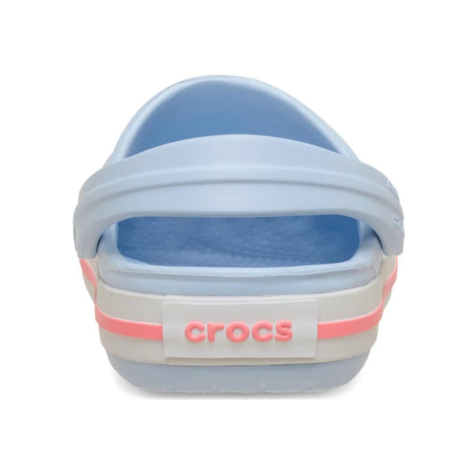 The Crocs Kids Toddlers Crocband Clogs in Blue Frost/Guava feature a light blue back view, a pink and white racing stripe around the heel, and "crocs" in pink on a white patch for playful style and comfort., 49786, 49782, 49783, 49784, 49785