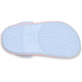 The image shows the sole of Crocs Kids Toddlers Crocband Clogs in Blue Frost/Guava, featuring a textured non-slip tread, central Crocs logo, and a stylish racing stripe for comfort and appeal., 49786, 49782, 49783, 49784, 49785