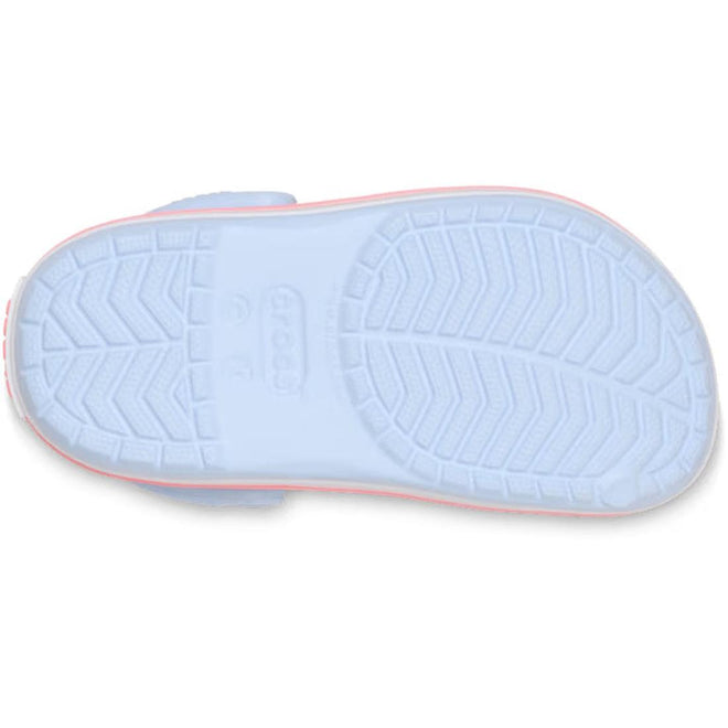 The image shows the sole of Crocs Kids Toddlers Crocband Clogs in Blue Frost/Guava, featuring a textured non-slip tread, central Crocs logo, and a stylish racing stripe for comfort and appeal., 49786, 49782, 49783, 49784, 49785