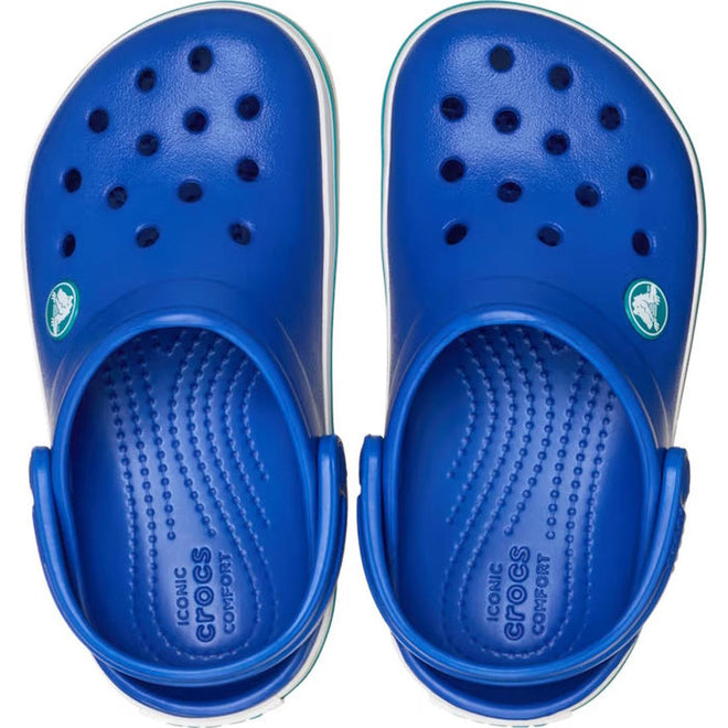 A pair of Crocs Kids - Crocband Classic Clog K Blue Bolt Teal Youths seen from above, with ventilation holes, textured footbeds, and adjustable heel straps for all-day comfort., 49846, 49847, 49848, 49849, 49850, 49851, 49852, 49853