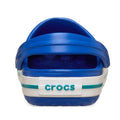 A Crocs Kids - Crocband Classic Clog K Blue Bolt Teal Youths is shown from the back, with a white band displaying "crocs" in teal and a Bolt Blue Teal stripe above the band., 49846, 49847, 49848, 49849, 49850, 49851, 49852, 49853