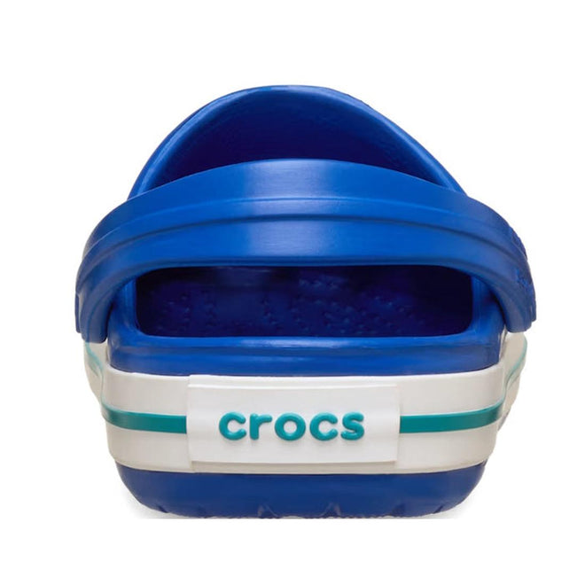 A Crocs Kids - Crocband Classic Clog K Blue Bolt Teal Youths is shown from the back, with a white band displaying "crocs" in teal and a Bolt Blue Teal stripe above the band., 49846, 49847, 49848, 49849, 49850, 49851, 49852, 49853