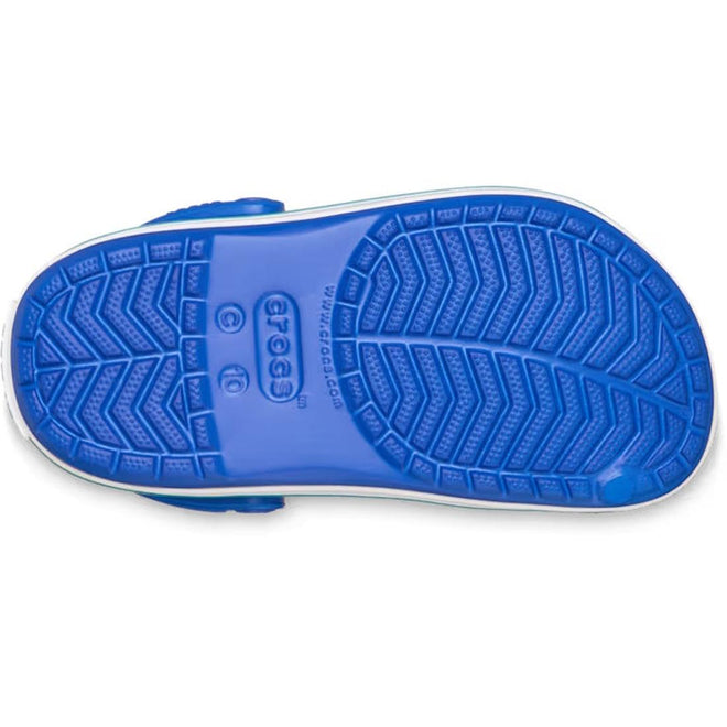 The image shows the bottom view of a Crocs Kids Toddlers Crocband Clog in Blue Bolt Turbo Teal, featuring a textured herringbone-patterned sole with the Crocs logo embossed in the center., 49792, 49793, 49794, 49795, 49796