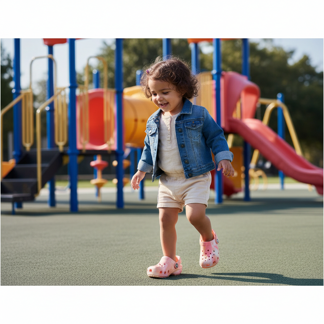 A young child in a denim jacket smiles while walking on a playground, wearing Crocs Kids Toddlers Classic Clog K Marbled Guava Pink Multi, with colorful slides and climbing structures in the background., 49874, 198445341021, 198445341038, 198445341045, 198445340987