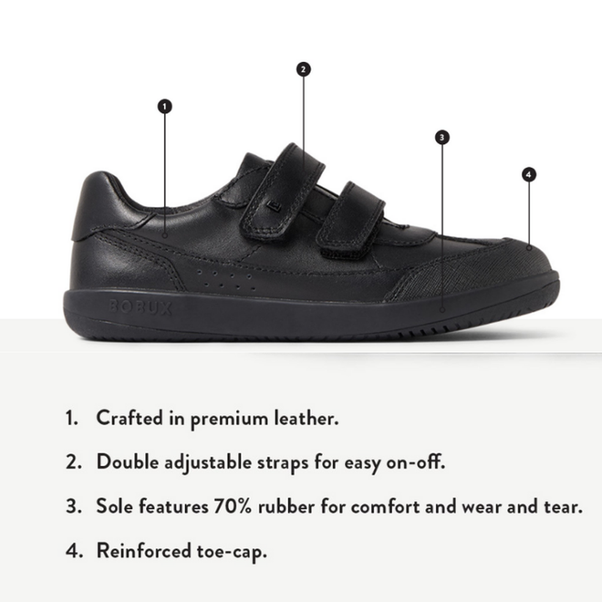 The Bobux Kid+ Black School Leather Shoe Traverse Trainer is a black leather sneaker with two adjustable straps, a reinforced toe cap, and a 70% rubber sole—an ideal kids’ school shoe for comfort, durability, and all-day support., 9420075762978, 9420075762985, 9420075762992, 9420075763005, 9420075763012, 9420075763029, 9420075763036