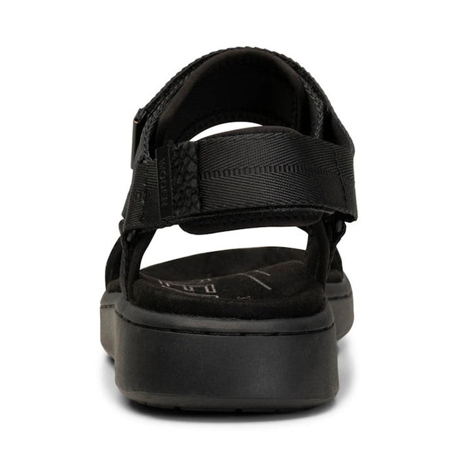 A close-up rear view of the Woden Line Women's 3 Strap Sandal Black, featuring adjustable straps, a thick cushioned sole, and Natural Soft technology at the heel and part of the footbed for enhanced comfort., 5713326456912, 5713326456929, 5713326456936, 5713326456943, 5713326456950, 5713326456967, 5713326456974
